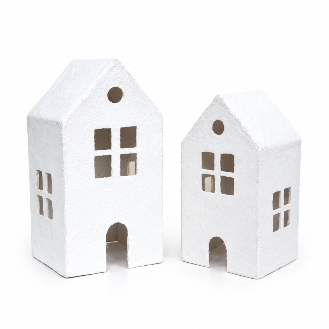 cotton mache huizen wit xl set van 2