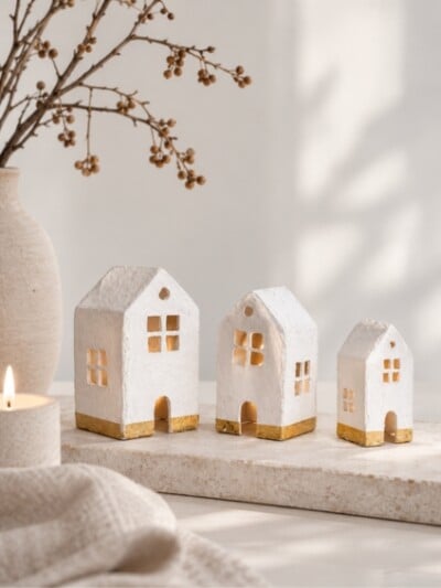 cotton mache huisjes wit met gouden bies set van 3 cotton mache huisjes wit met gouden bies set van 3