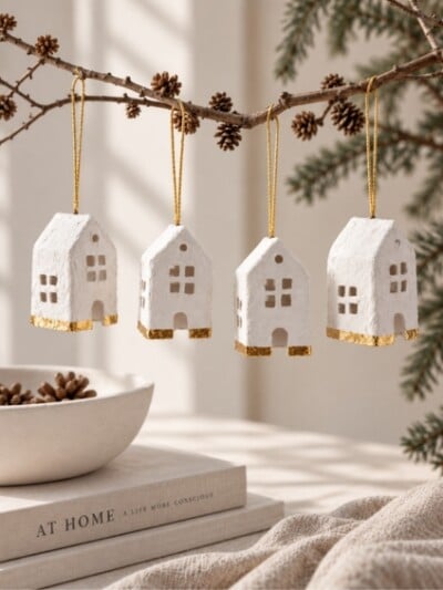 cotton mache huisje wit goud set van 4 cotton mache huisje wit goud set van 4