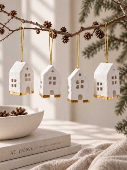 cotton mache huisje wit goud set van 4 cotton mache huisje wit goud set van 4