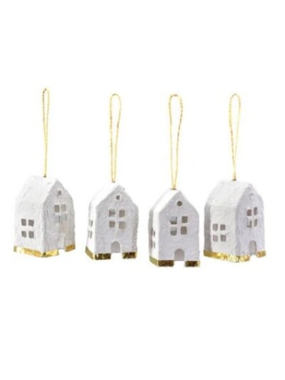 kersthangers huisjes wit goud cotton mache set 4 stuks