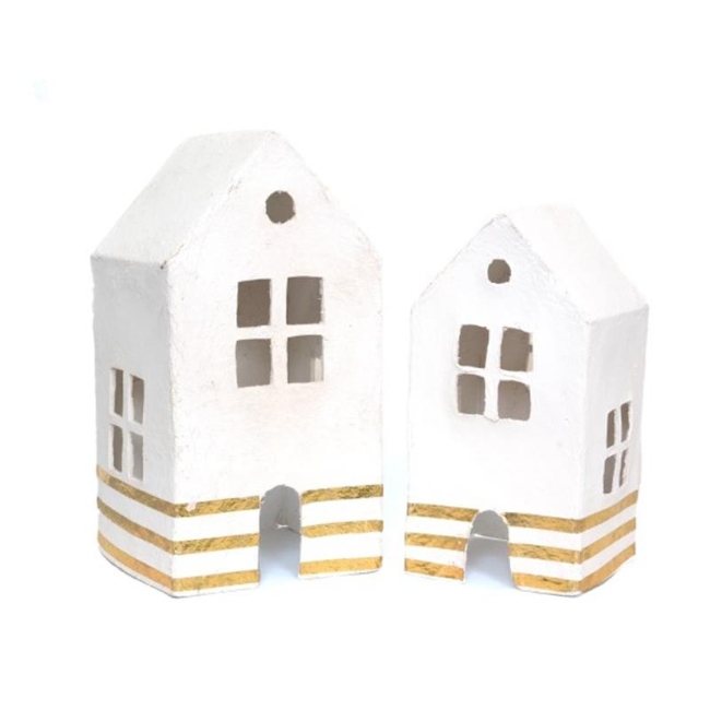 kersthuis kersthuizen cotton mache bies wit goud 2 stuks